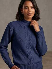 Women's Modal Knit Winter Blouse With Braided High Neck, Modern Style - Navy Blue - View 3
