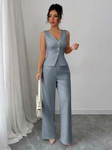 Conjunto de camiseta sin mangas y pantalones elegante para mujer, estilo de oficina y transporte, atuendo de otoño para maestros - Gris - Ver 3
