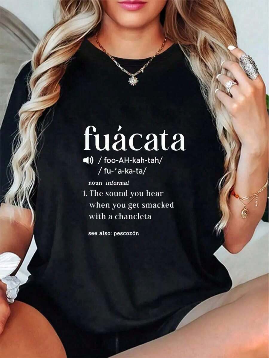 Camiseta Casual Minimalista 100% Algodón con Definición de Fuacata, Divertida, Estilo Cubano Miami, para Mujer, de Color Sólido, Corte Holgado y Ajustado, Manga Corta Casual - Negro - Ver 1