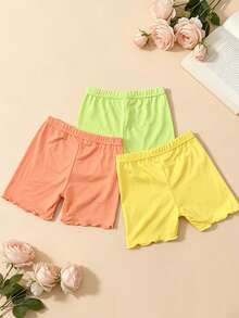 3pcs Celana Pendek Kasual Warna Polos untuk Anak Perempuan, Legging Minimalis dengan Hiasan Rumbai, Pakaian Sehari-hari yang Serbaguna - MultiWarna - View 2