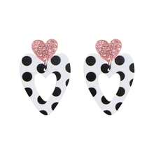 1 Pair Pink Glitter Heart Patchwork Black & White Polka Dot Earrings, Hollow Heart Design Sweet Girl Earrings, Versatile Lightweight Earrings, Gift For Girlfriend/Friend, Match Polka Dot Outfits, Style - A - View 4