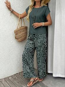 Set de 2 piezas con top de manga corta y pantalón de pierna ancha con estampado geométrico para mujer - Multicolor 2 - Ver 6