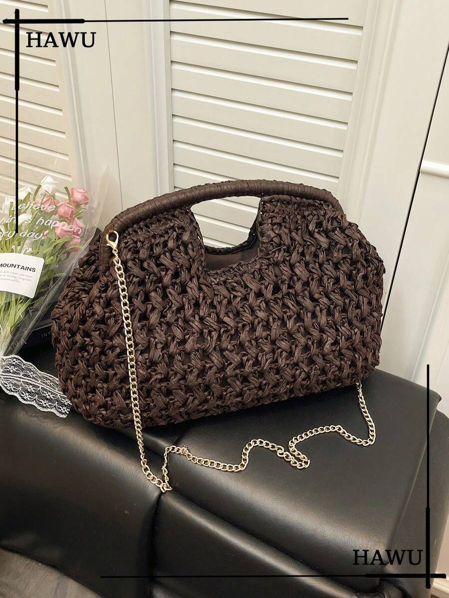 Starfish & Seashell Straw Clutch With Chain Strap | Summer Beach Vacation Essentials - Coffee - View 1