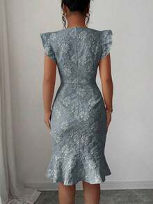 Vestido elegante de jacquard de cuello cuadrado y manga corta para uso diario, verano - Gris azul - Ver 2