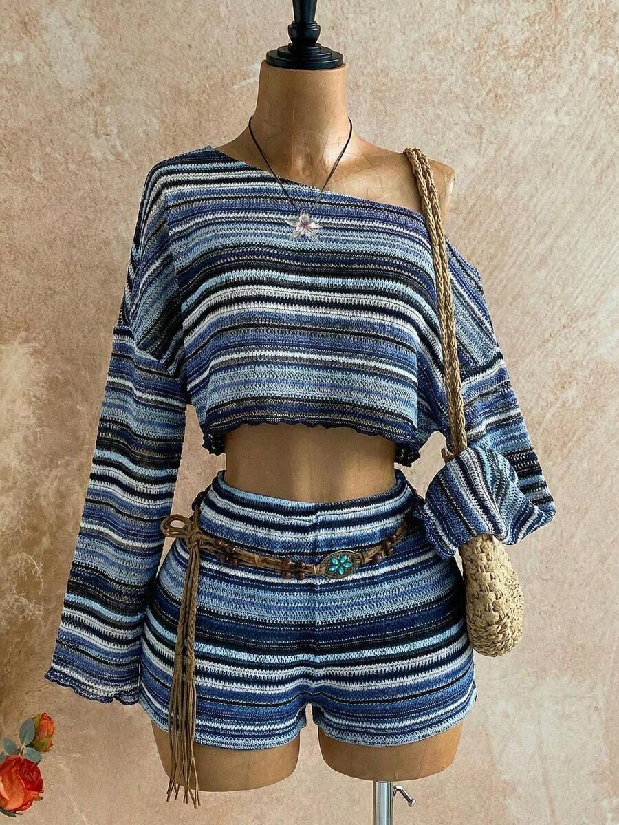 2 piezas Conjunto de top de manga larga con cuello asimétrico de unicolor y shorts de cintura elástica para mujer - Multicolor 10 - Ver 1
