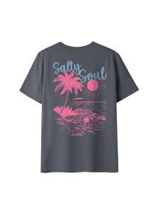 SALTY SOUL Women's Short Sleeve Crew Neck T-Shirt With Tree And Sun Print, Casual Style, Perfect For Beach Vacations, Spring/Summer, Fashionable, Your Essential Item For Everyday Vacation Wear. Women's Graphic Vacation T-Shirt - 深灰色 - 查看 3