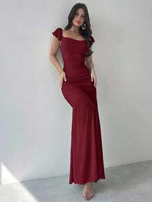 Vestido ajustado con volantes en el bajo, cintura anudada y malla verde elegante para mujeres, adecuado para fiestas, vacaciones, festivales de música, temporada de bodas, brunch, Día de San Patricio, vestidos largos bohemios para mujeres, Fairycore, atuendos de vacaciones, vestidos de graduación, atuendos de playa, atuendos de aeropuerto - Burdeos - Ver 7