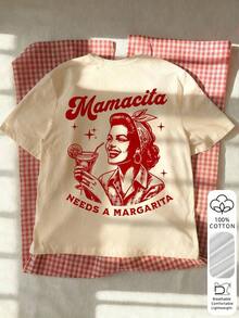 Women's "Mamacita Needs A Margarita" American Retro Graphic T-Shirt, 100% Cotton Soft Breathable Fabric, Loose Fit, Casual Short Sleeve Holiday Style, Suitable For Outings With Friends, Beach Trips, Theme Parties, Daily Commuting In Summer - 杏 - 查看 5