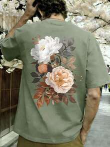 1PSCCamisetas de manga corta con cuello redondo y estampado floral y de pintura oriental para hombre - Verde - Ver 3