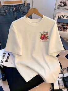 White Crew Neck Short Sleeve T-Shirt Women, Summer Fresh Pomegranate Print Short Sleeve T-Shirt Women, New American Vintage Pomegranate Print Loose Casual Versatile Rejuvenating Top - White - View 3