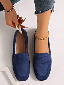 Zapatos planos de punta cuadrada para mujer, suela blanda de corte bajo, sin cordones, ligeros y cómodos, versátiles para el uso diario y el transporte - Azul - Ver 2