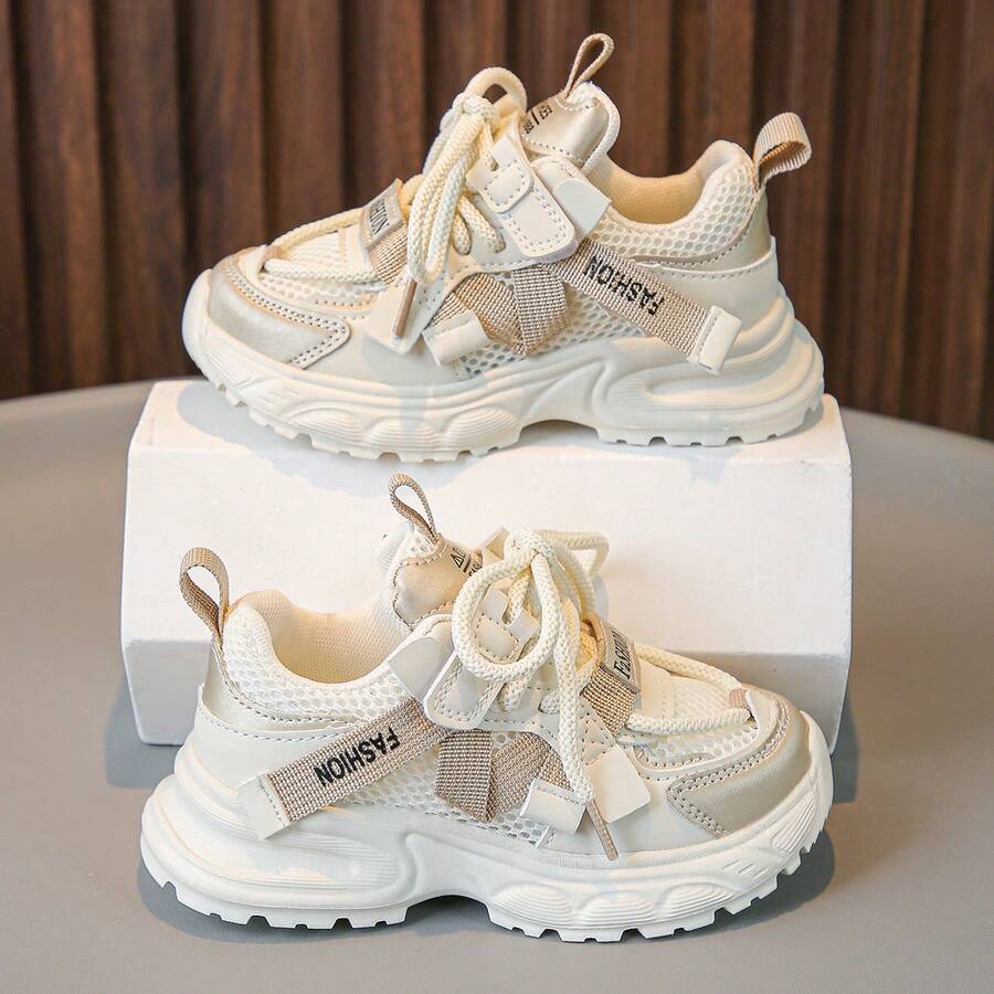 Toddler Kids Breathable Mesh Chunky Sneakers, Boys Girls Non-Slip Lightweight Casual Dad Shoes For Running Walking - Beige - View 1