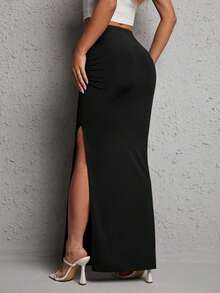 Women's Long Sleeve Dress Set, New Ribbed Modal Fabric Solid Color Elegant Ruffle Office Wear Black - Black - View 2