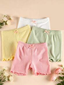 4pcs Girls' Vertical Striped Solid Color Frill Trim Safety Shorts, Summer Breathable Undershorts, Soft & Smooth Minimalist All-Match Versatile - Multicolor - View 8