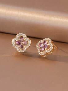 1 par de pendientes de trébol de cuatro hojas de 6 colores, con piedras de circonita brillantes engastadas, montura tipo halo, diseño de trébol de cuatro hojas con gemas de colores, material chapado en oro de 18K, apto para piel sensible, regalo de cumpleaños perfecto para mujeres - Multicolor - Ver 4