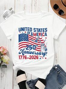 Patriotic T-Shirt Commemorating The 250th Anniversary Of The Independence Of The United States Of America 1776-2026, Featuring The American Flag And The Statue Of Liberty For Independence Day Celebrations - 白色 - 查看 3