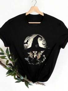 Camiseta casual de manga corta y cuello redondo para mujer, moderna y a la moda, hecha de 100% algodón puro con estampado de bruja y murciélago - camiseta unisex de estilo callejero vintage, holgada y de algodón puro. - Negro - Ver 2