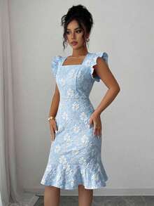 Vestido elegante de jacquard para ir al trabajo, verano - Azul - Ver 5