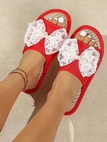 French Pearl Lace Bow Slippers, Women's Soft Bottom Non-Slip Slippers - Red - View 8
