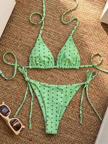Random Floral Print Bikini Set For Beach Vacation - Mint Green - View 3