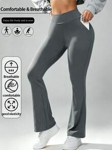 Pocket Sports Leggings, High Waist Wide Leg Sports Pants, Butt Lifting & Shaping Sports Leggings, Yoga Pants, Full Length Elastic Waist Pants Spring - Grey - View 3