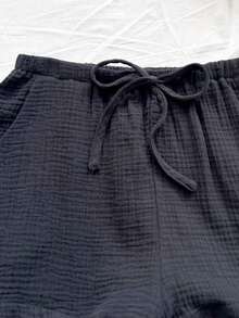 Top sin espalda con textura y lazo, holgado y casual para vacaciones, shorts casuales con elástico en la cintura y bolsillos, para playa y mar - Negro 2 - Ver 4