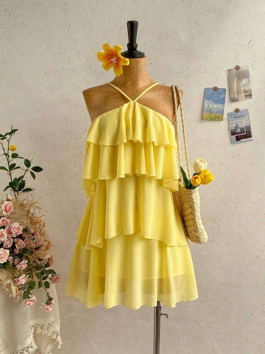Nuevo vestido elegante y romántico para invitados de boda, de unicolor, con espalda descubierta, multicapa con volantes de gasa, minivestido, adecuado para estilo bohemio, boho, flores románticas, vacaciones, fiestas florales, citas, San Valentín, - Amarillo - Ver 1