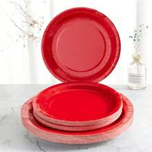 50/25/10 piezas Juego de vajilla desechable roja para fiestas, que incluye bandejas, platos de postre para fiestas (opciones de 7" y 9"), platos para ensaladas, adecuados para pasteles, ensaladas, pizzas, baguettes, sushi, frutas, ideal para fiestas de cumpleaños, reuniones familiares, aniversarios, graduaciones, decoraciones de cumpleaños, bodas, comidas al aire libre, meriendas, Día del Padre, Navidad, regalos para maestros - Multicolor - Ver 2