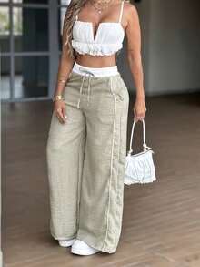 Pantalones de pierna ancha de cintura alta de color gris verdoso claro estilo Y2K, pantalones casuales sueltos de estilo europeo y americano, pantalones rectos y anchos versátiles para primavera/verano que estilizan la figura - verde menta - Ver 8