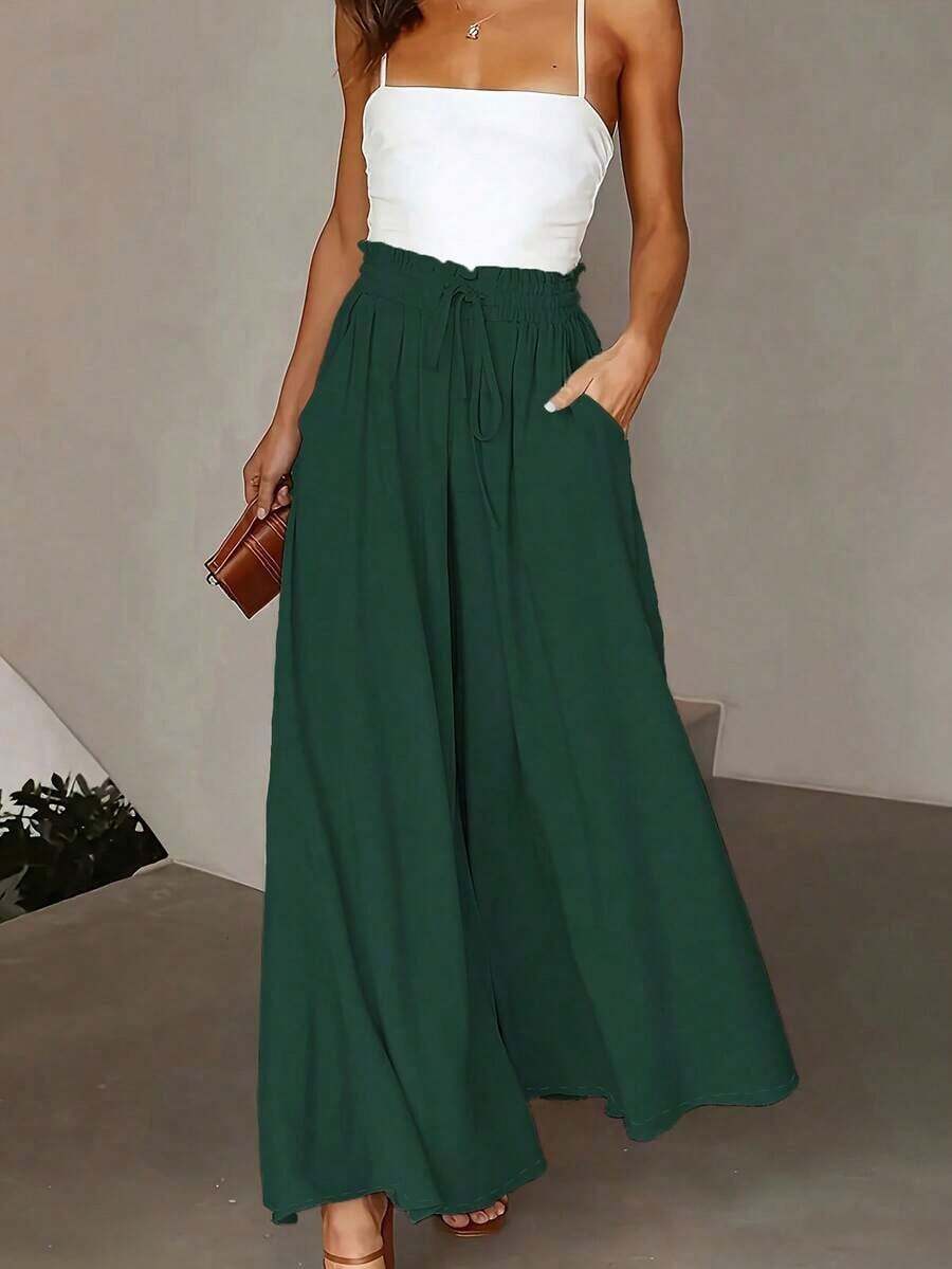 Pantalones anchos de bolsillo de unicolor casual para mujer, primavera - Verde - Ver 1