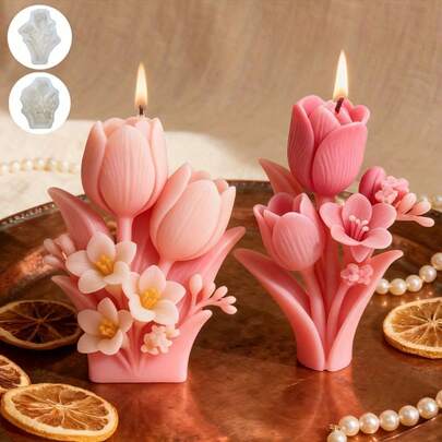 2pcs Delicate Tulip Combination Candle Silicone Mold, Exquisite Mini Floral Design, Suitable For Candles/Soaps/Resin Crafts, Wedding Decor, Party Favors, Holiday Gifts, Ideal For Home Decor Enthusiasts, Ins Style, Scented Candle DIY Kits, Resin Molds, Soap Molds, Handmade Crafts, Fashionable Gifts, High-Quality Materials, Refined Craftsmanship, Handmade Craft Supplies, Handmade Gifts, DIY Hobbyists, Home Decor Designers