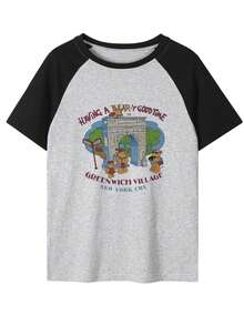 Kaos Wanita Lengan Raglan Warna Blok Leher Bulat Kasual Motif Huruf & Beruang Lengan Pendek Musim Panas - Abu-abu gelap - View 4