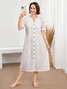 Vestido casual diario de encaje y parches para mujer, primavera y verano - Blanco - Ver 4