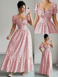 vestido de mujer con estampado digital, mangas abullonadas, nudo delantero, espalda descubierta y cintura ceñida.Elegante y chic para vacaciones, citas, estilizador y adelgazante - Rosado Sandía - Ver 9