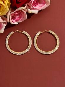 1 Pair Oversized Crystal Hoop Earrings, Double Row Rhinestone Embedded Open Hoops, Exaggerated Earrings For Women, Suitable For Brides, Cocktail Parties And Valentine's Day - Gold - View 2