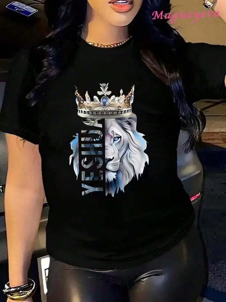 Envío gratis, entrega local enéxico, entrega en 4 días. Camiseta de manga corta para mujer, cuello redondo, holgada, casual y versátil, con nuevo estampado de león y, como capa base, tela suave con buena caída. - Negro - Ver 1