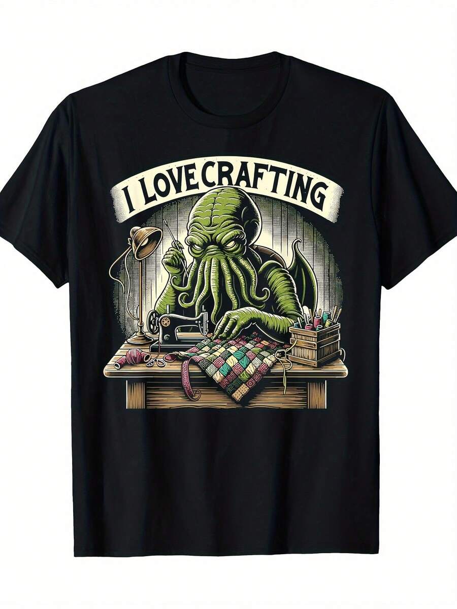 Camiseta gráfica de terror cósmico para hombre, ajuste cómodo, con gráfico de Cthulhu "I Love Handmade", perfecta para amantes de las manualidades, ropa creativa, estética vintage, ropa cómoda, material transpirable, regalo perfecto, camiseta de colección, TALLA GRANDE - Negro - Ver 1