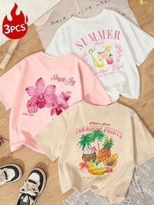 Conjunto de 3 camisetas de manga corta con estampados de "Chica de verano", frutas tropicales y orquídeas rosas, de estilo dulce y vanguardista, ideal para viajes a la playa, fiestas en la terraza, festivales de música de verano y salidas casuales diarias - Multicolor - Ver 2