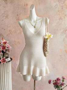 Vestido de punto sin mangas con cuello en V y espalda descubierta, estilo casual de playa y vacaciones de primavera/verano - Albaricoque - Ver 4