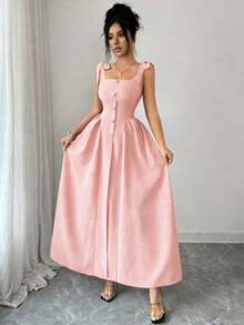 Nuevo vestido largo elegante y versátil para mujeres con textura de tiras y tejido bicolor ajustado para uso diario - Rosa - Ver 4