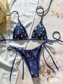 Costavie Swim Mod-D, Conjunto de Bikini Sexy de 2 Piezas con Lentejuelas Coloridas, Tela Especial, Sujetador de Copa Triangular y Braguitas con Lazos Laterales, Primavera/Verano - Azul Marino - Ver 6