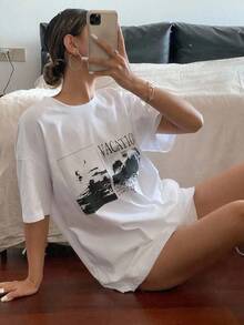 Camiseta de mujer de manga corta y cuello redondo holgada con estampado de letras, camiseta gráfica de verano oversize, top preppy - Multicolor - Ver 4