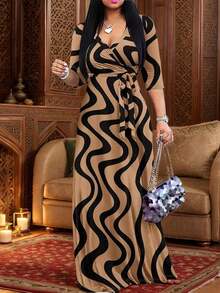 2026 Vestido azul ligero de mujer con cuello en V y cintura ceñida, elegante para primavera/verano - Bronce - Ver 1