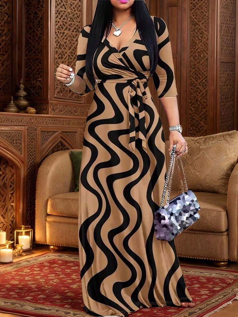 2026 Vestido azul ligero de mujer con cuello en V y cintura ceñida, elegante para primavera/verano - Bronce - Ver 1