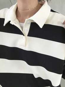 Camiseta holgada a rayas para mujer, cuello polo, manga corta, ropa casual de verano, ropa para la vuelta al cole. - Negro - Ver 8