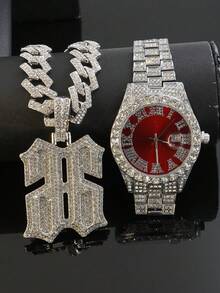 Ice Diamond Reverse 66 全水鑽珠寶套組，項鍊 + 手鍊 + 手錶，男士嘻哈奢華配件，送給父親和男友的禮物 - 反向數位66首飾套裝 - 查看 21