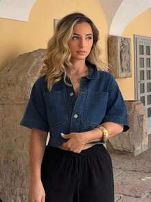 Chaqueta de manga corta de mezclilla con doble bolsillo para mujer, casual, de verano - Azul lavado oscuro - Ver 6