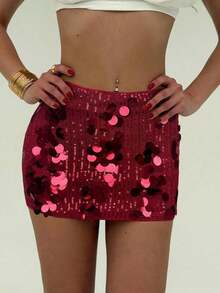 Falda de lentejuelas elegante, diseño de lentejuelas de festival de música chic de cintura baja, falda mini versátil y brillante para mujeres, regalo de San Valentín, noche de cita - Rojo - Ver 3