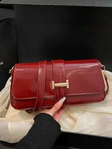 Crocodile Embossed Strap Decor Minimalist Fashion Shoulder Baguette Bag - Burgundy - View 1
