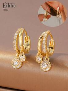 Hihho 1 Pair Minimalist Fashion Double-Layer Round Zirconia Stone Dangle Earrings, Luxury Elegant Design Everyday Jewelry Accessory, Suitable For Formal Wear, Parties, Gifts - Round Drop Earrings - View 8
